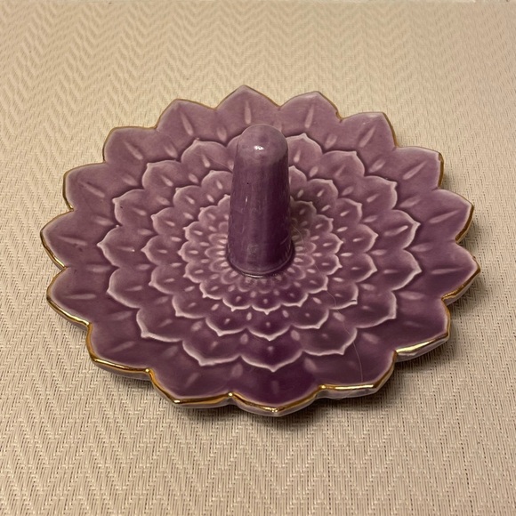 Lavender Purple Lotus Flower with Gold Trim  Ceramic Ring & Jewelry Trinket Dish - Picture 2 of 5